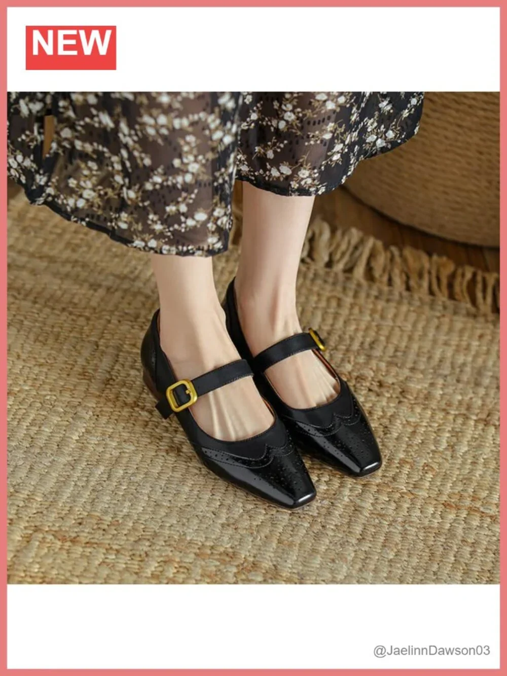 Women's Mary Jane Leather Flats Square Toe Slip On Vintage Low Heel